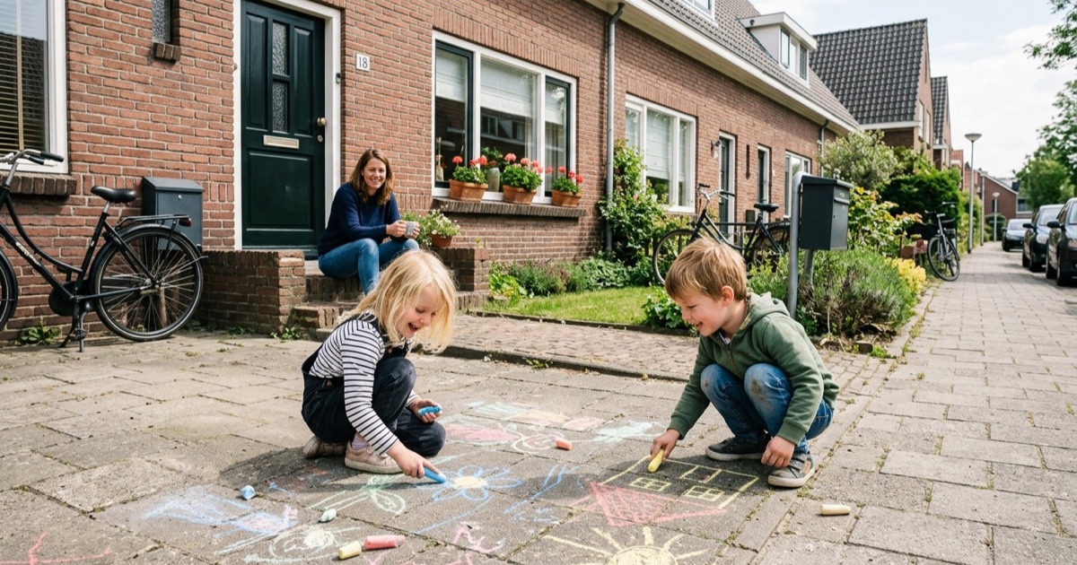 Twee kleuters tekenen met stoepkrijt op de oprit voor een Nederlands huis, ouder zit op de drempel.