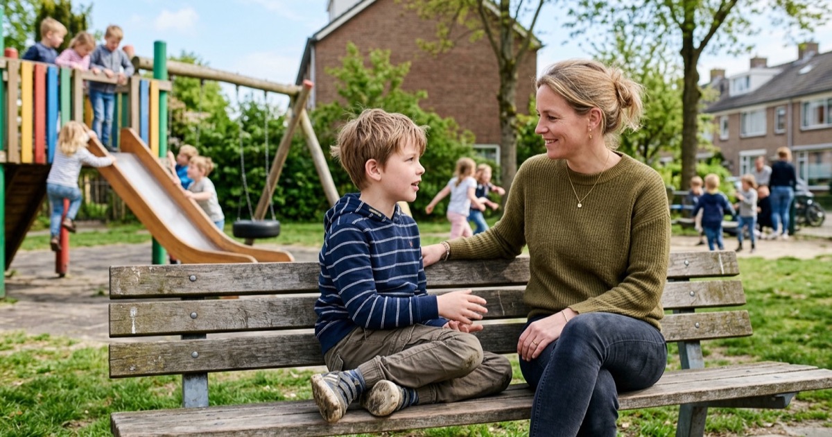Ouder en kind van ongeveer negen jaar zitten op een bankje in een speeltuin en praten rustig met elkaar.