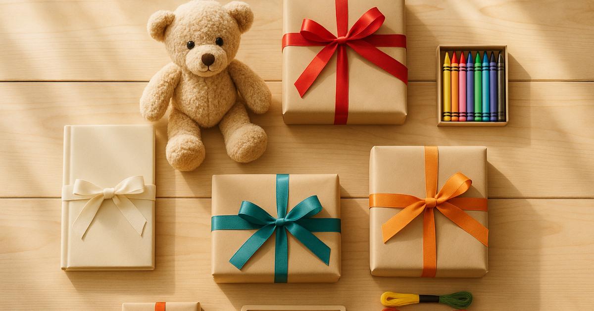 Ingepakte cadeautjes met lintjes klaar voor een kinderfeestje thuis
