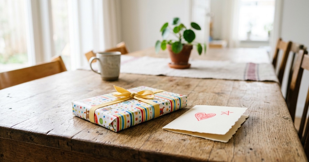 Klein cadeau in vrolijk pakpapier ligt op een tafel naast een handgeschreven verjaardagskaart.