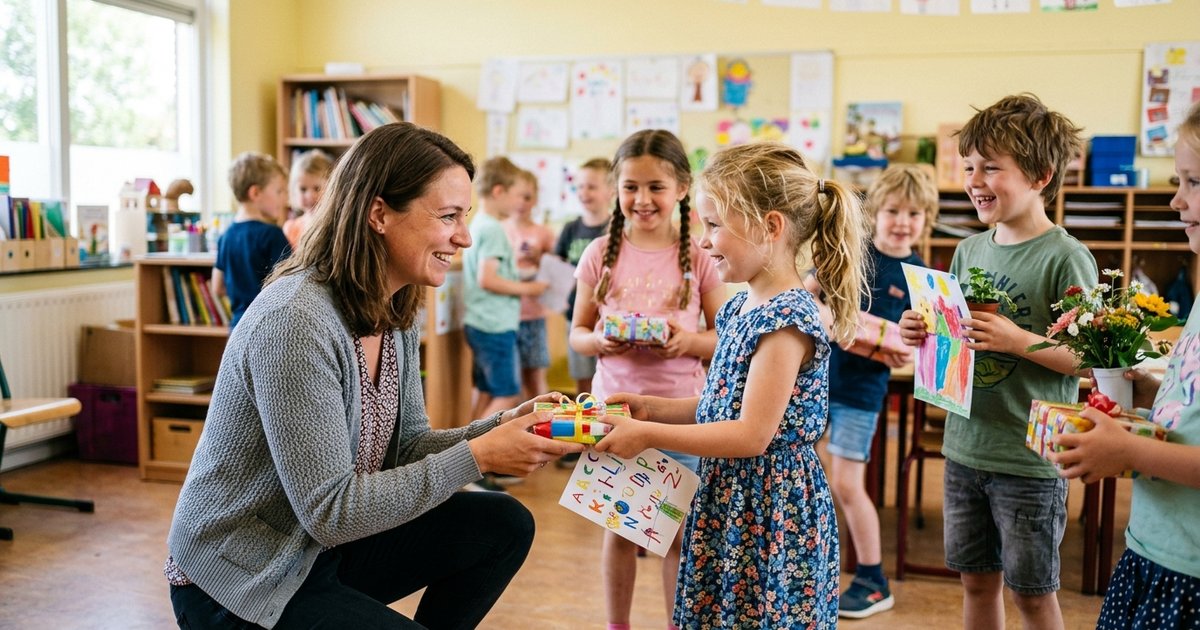 Bedankkaart en bloemen voor de juf op de laatste schooldag