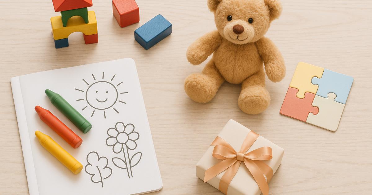 Kind van 4 jaar pakt een cadeau uit met speelgoed en kleurboekjes