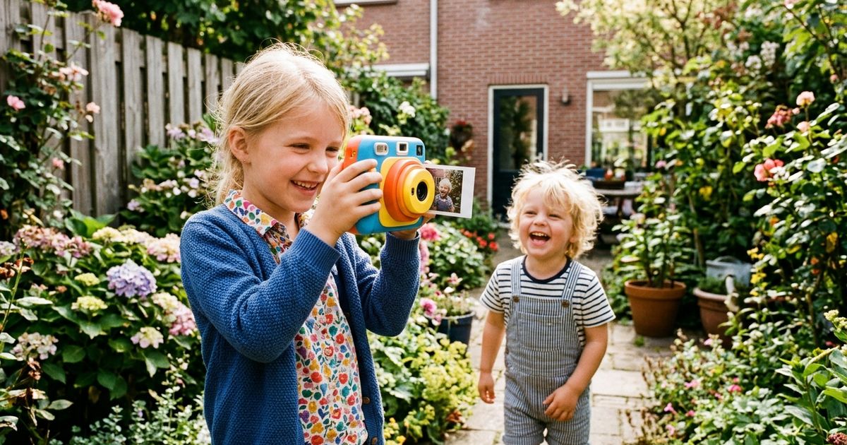 Jongen van zes fotografeert met een kindercamera in de tuin, zijn zus bekijkt een geprint fotootje