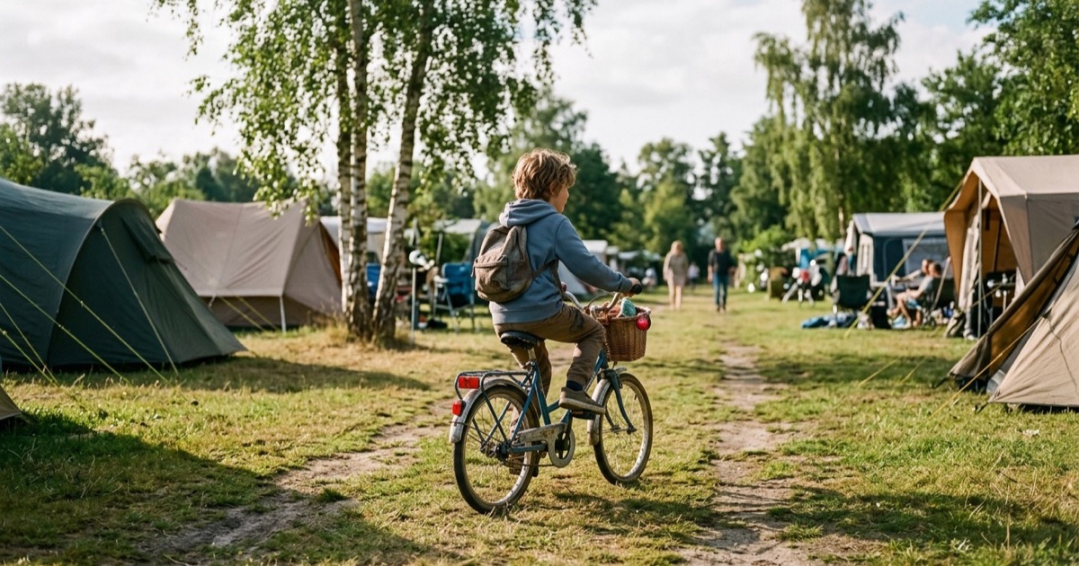 Kind fietst zelfstandig over zandpad tussen tenten en bomen op een Nederlandse camping.