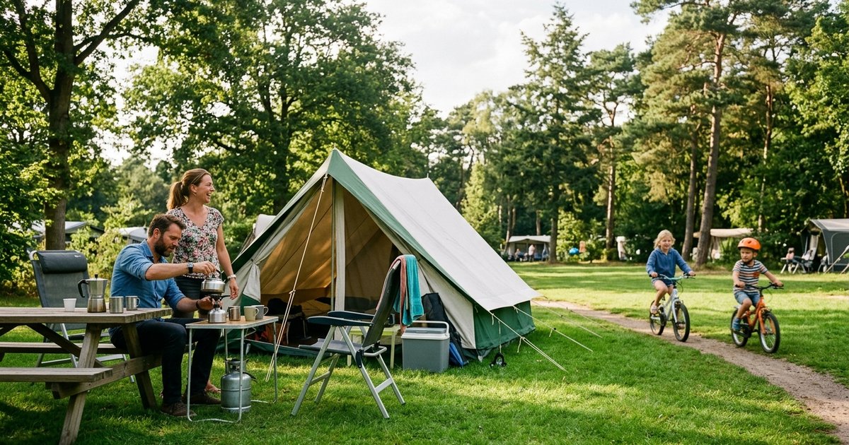 Gezin met kinderen voor een tent op een groene camping in de zon