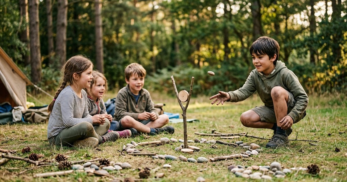 Kinderen spelen op een campingweide met dennenappels en een touwtje tussen de tenten