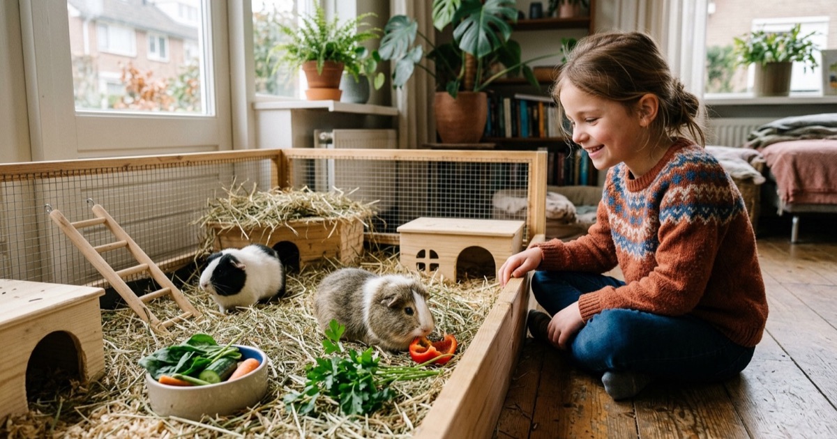 Twee cavia's in een ruime indoor ren met hooi en groente terwijl een 9-jarig kind glimlachend toekijkt