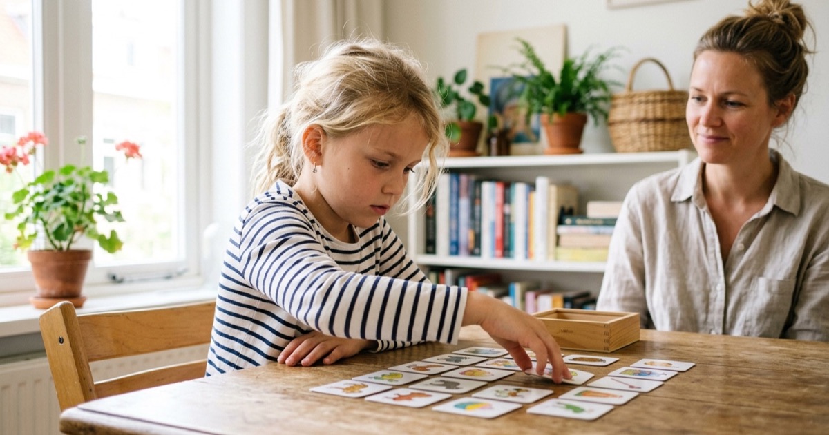 Meisje van acht speelt geconcentreerd een memoryspel aan een houten tafel terwijl moeder rustig naast haar zit.