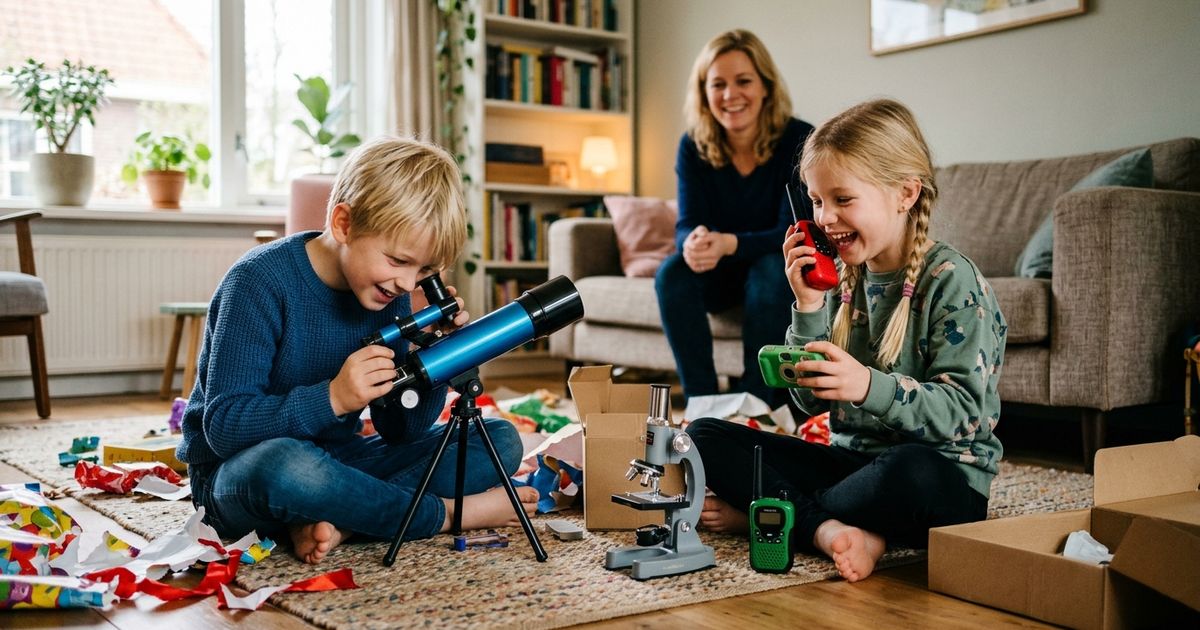 Nederlands gezin in de woonkamer met kinderen die een telescoop, drone en walkietalkies uitpakken bij daglicht