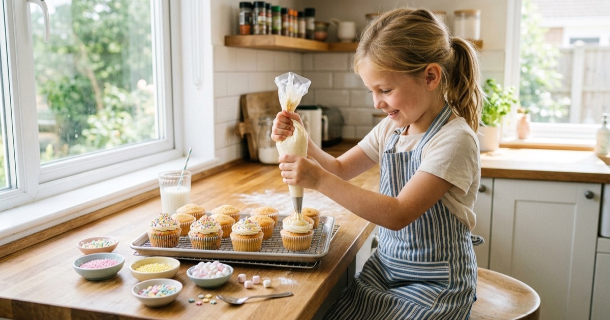 Kind versiert cupcakes met spuitzak en hagelslag in heldere keuken