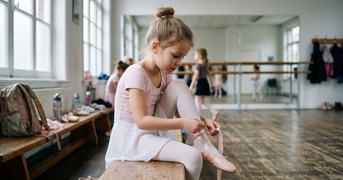 Meisje in lichtroze balletpakje zit op een houten bank in een dansstudio en doet haar balletschoentjes aan.