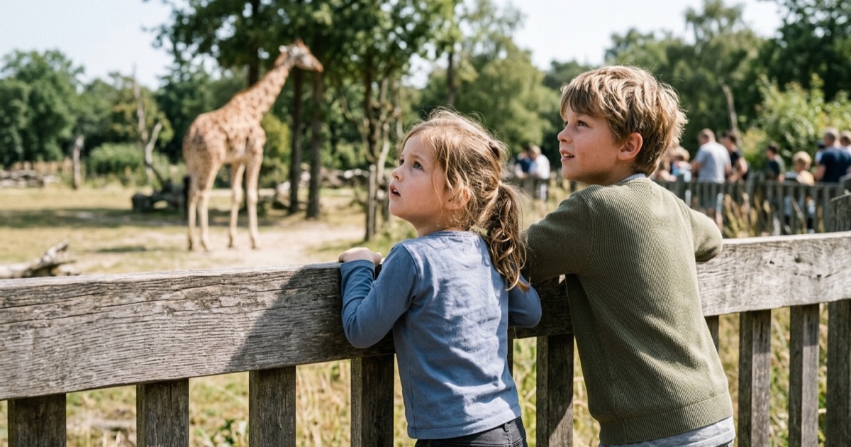 Twee kinderen leunen op een houten hek en kijken naar een giraffe in de Nederlandse dierentuin bij zonnig weer