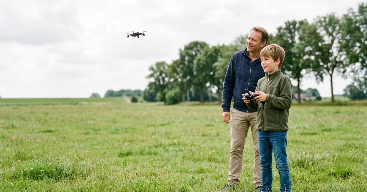 Meisje van negen laat een kleine drone opstijgen in een grasveld terwijl haar vader meekijkt