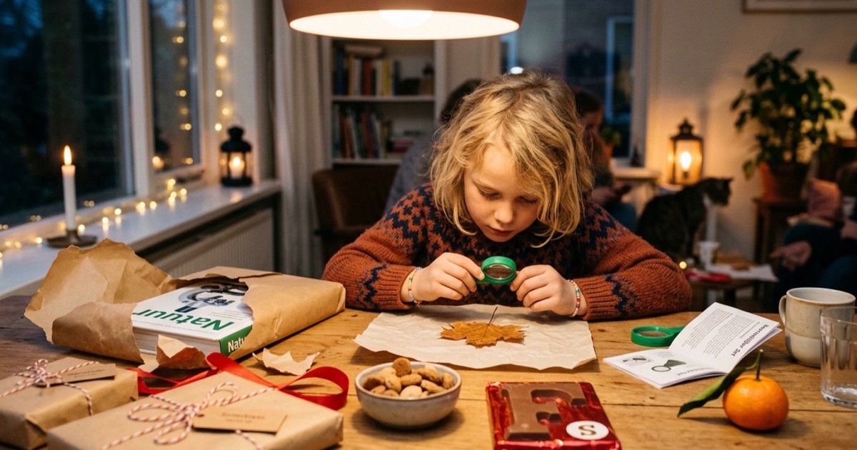 Een kind kijkt door een loep naar een blaadje aan de keukentafel