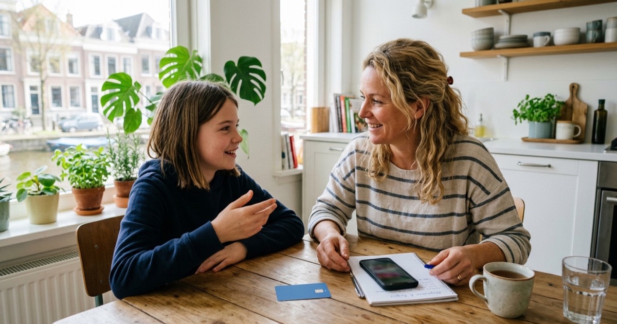 Een ouder en kind van rond de twaalf zitten samen aan tafel met een telefoon en een eenvoudige betaalkaart bij daglicht