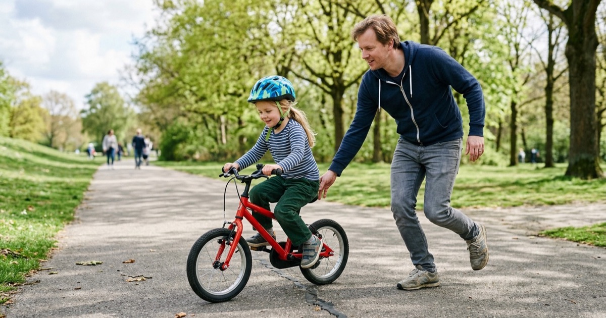 Kind van vier of vijf jaar leert fietsen zonder zijwieltjes, ouder rent ernaast met hand bij het zadel.