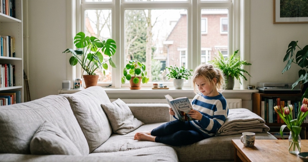 Kind van een jaar of negen leest op de bank in een lichte woonkamer met gordijnen open.