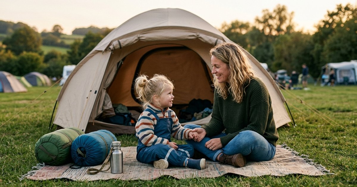 Gezin met jonge kinderen voor een tent op een camping, eerste keer kamperen