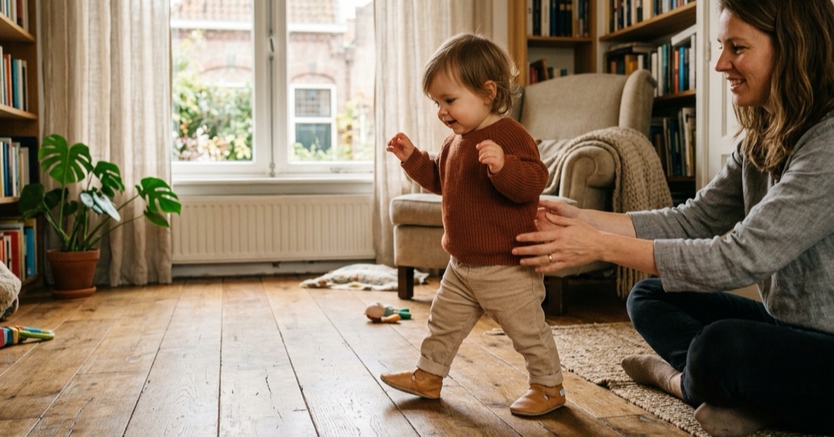 Peuter zet eerste stapjes in soft leren schoentjes op houten vloer in warm verlichte huiskamer.