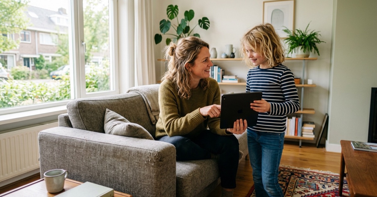 Een ouder en kind staan samen met een tablet in een lichte Nederlandse woonkamer en praten over de afspraken