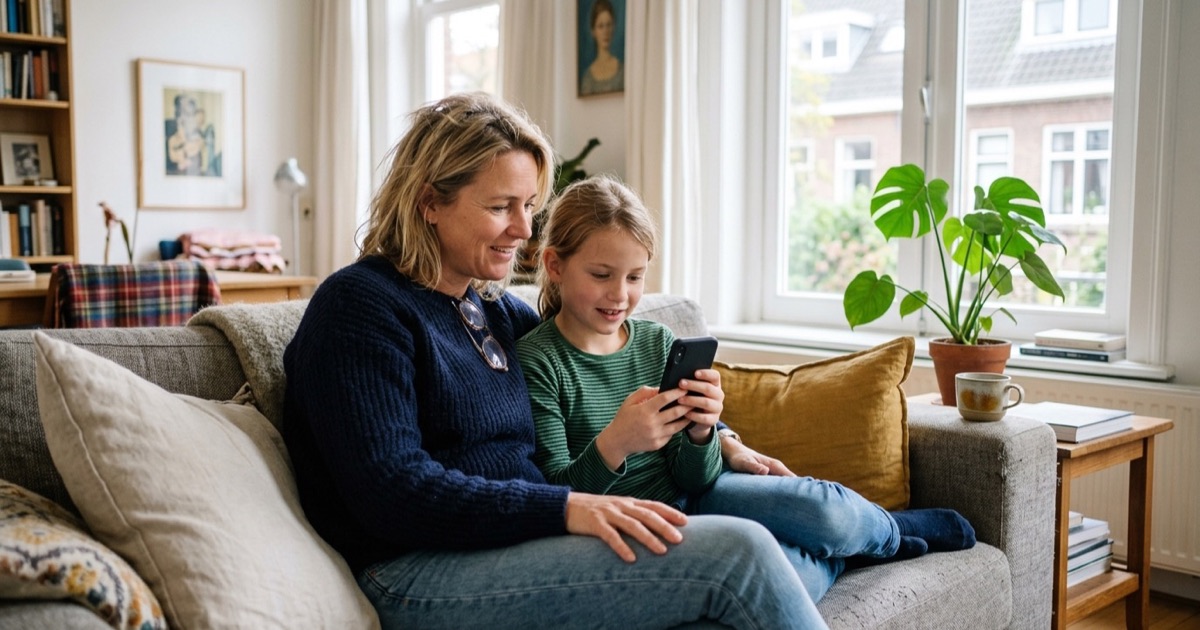Ouder en kind zitten samen op de bank met een telefoon in een woonkamer.
