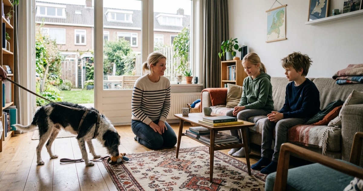 Een Nederlandse familie verwelkomt een nieuwe volwassen hond in hun woonkamer terwijl twee kinderen rustig vanaf de bank
