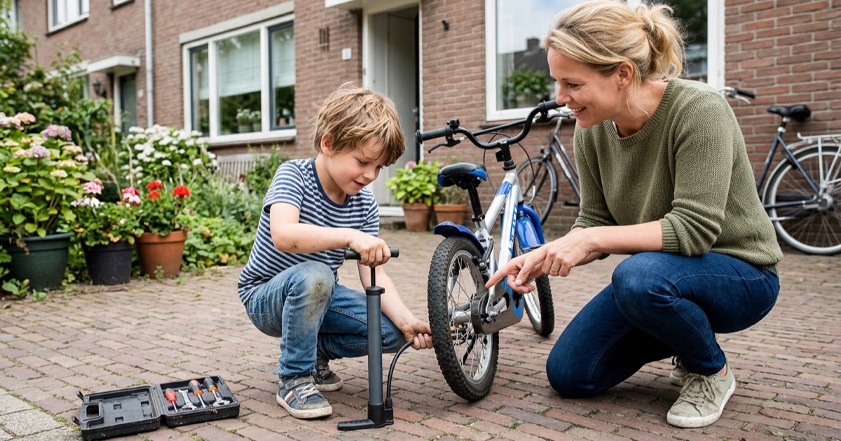 Ouder en kind pompen samen een fietsband op in de Nederlandse oprit, gereedschap op de grond.