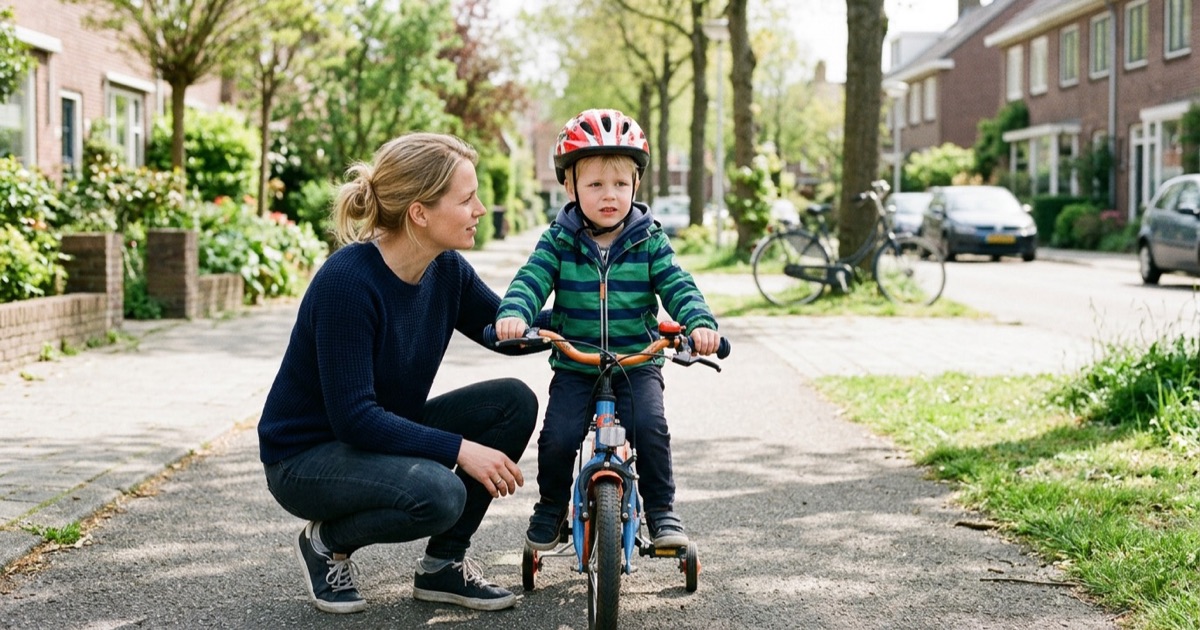 Ouder knielt naast kind op kleine fiets, kind kijkt iets onzeker, rustige Nederlandse straat.