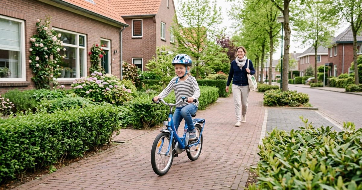 Kind van zeven jaar fietst rustig op een Nederlandse stoep, ouder loopt op een paar meter afstand.