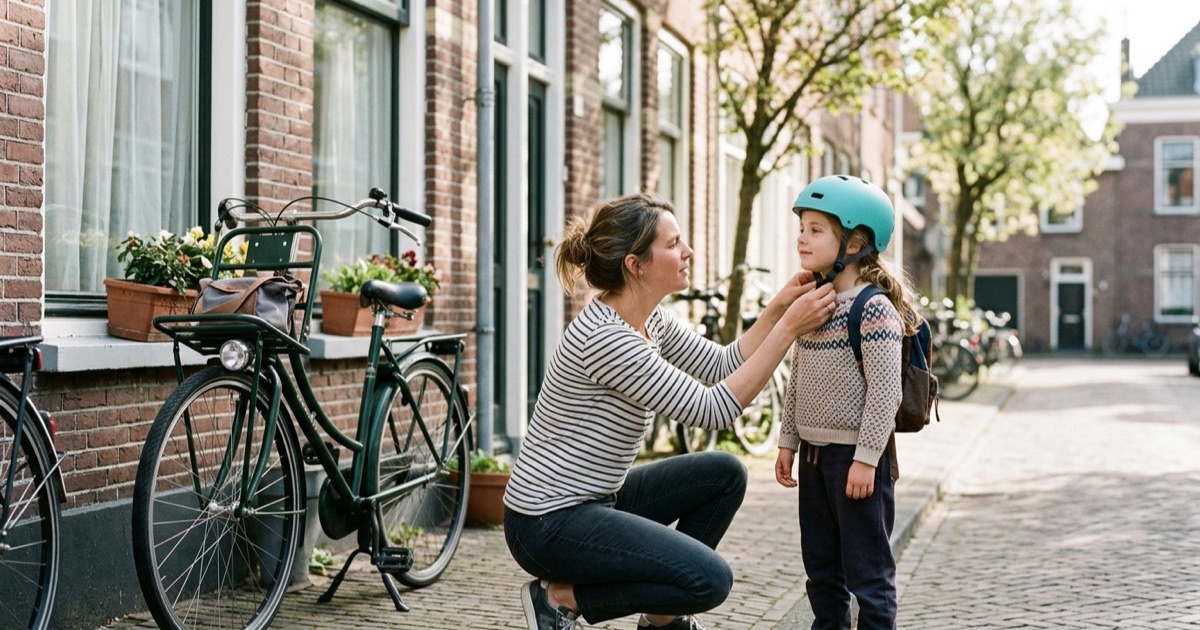 Ouder zit gehurkt en stelt de kinriem van de fietshelm van het kind af in een Nederlandse straat.
