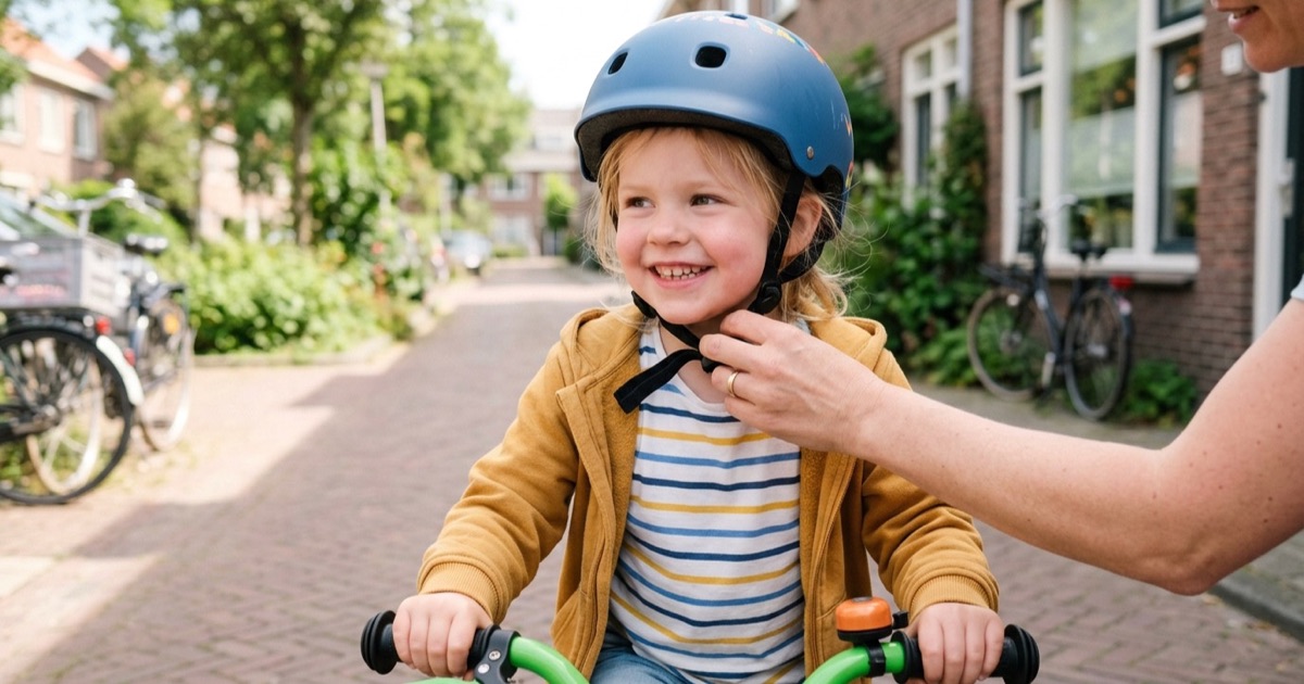 Glimlachend kind met goed passende blauwe fietshelm, ouder controleert kinband.