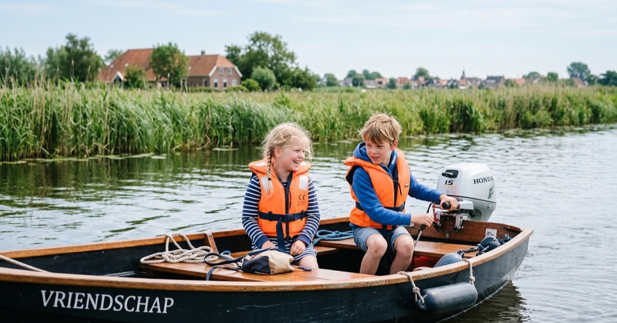 Een Nederlands gezin fietst langs een Fries meer met traditionele zeilboten op de achtergrond