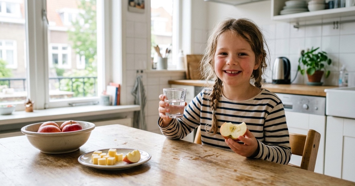 Vrolijk kind aan de keukentafel met een glas water en stukjes appel als gezonde tussendoor-snack.