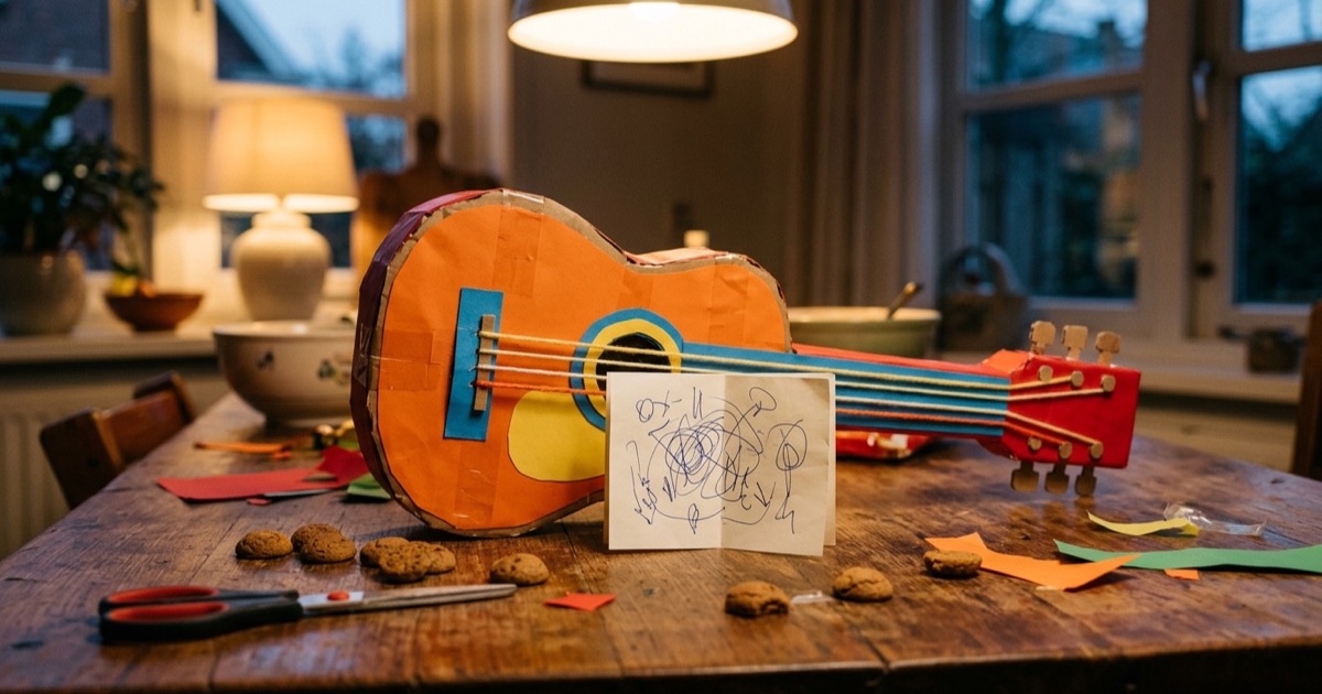Een zelfgemaakte sinterklaas-surprise in de vorm van een gitaar op de keukentafel met een vouwblaadje erop