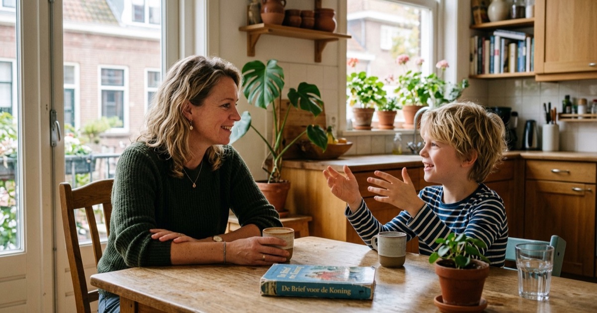 Ouder en kind in gesprek aan een keukentafel bij helder daglicht.
