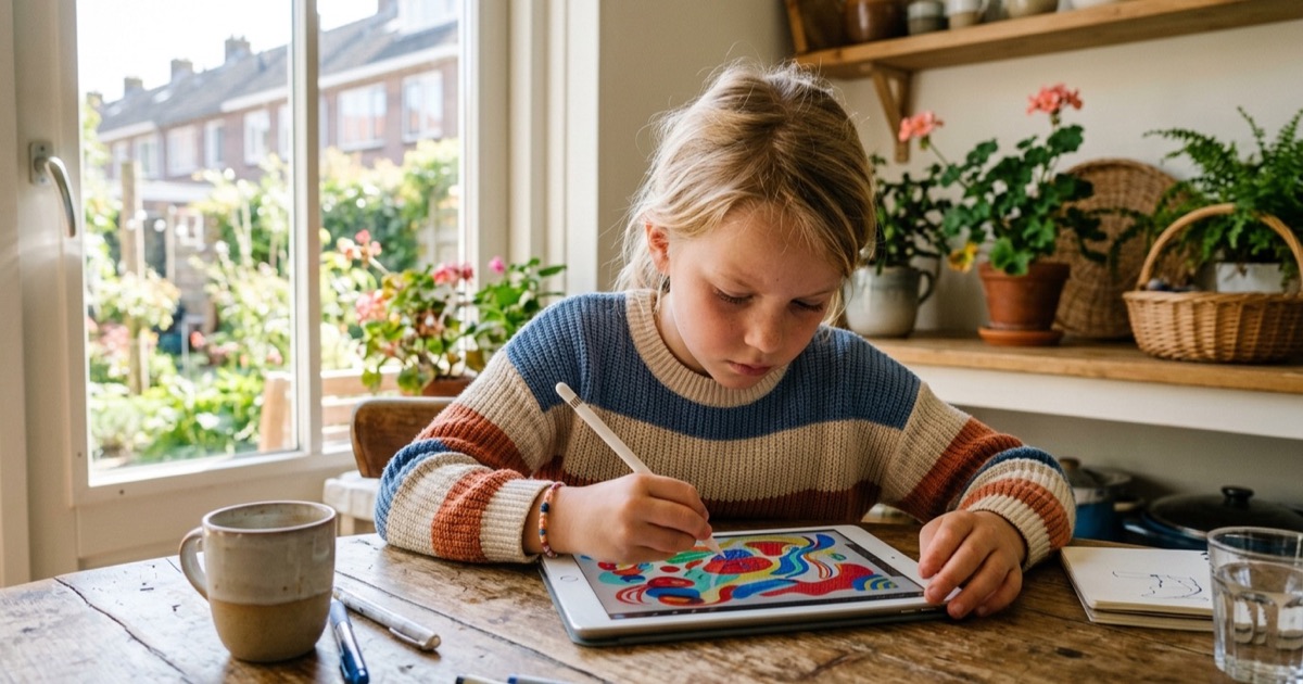 Een kind van rond de negen tekent geconcentreerd op een tablet aan de keukentafel bij zacht daglicht uit het raam