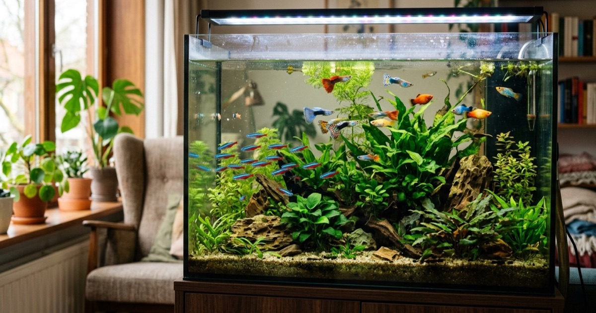 Een kleurrijk tropisch aquarium met neonvisjes, guppies en groene planten in een Nederlandse woonkamer