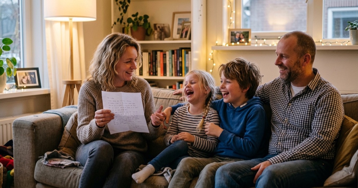 Een gezin op de bank lacht samen om een grappig sinterklaasgedicht dat een ouder voorleest