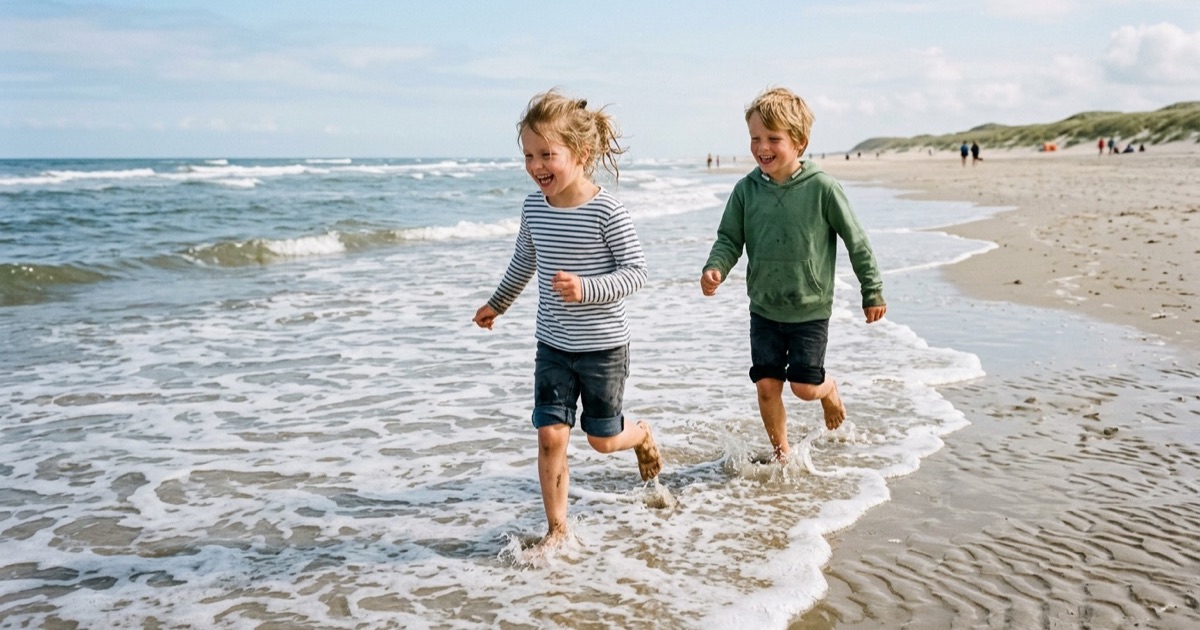 Twee Nederlandse kinderen rennen barrevoets door de branding op een breed Amelands strand