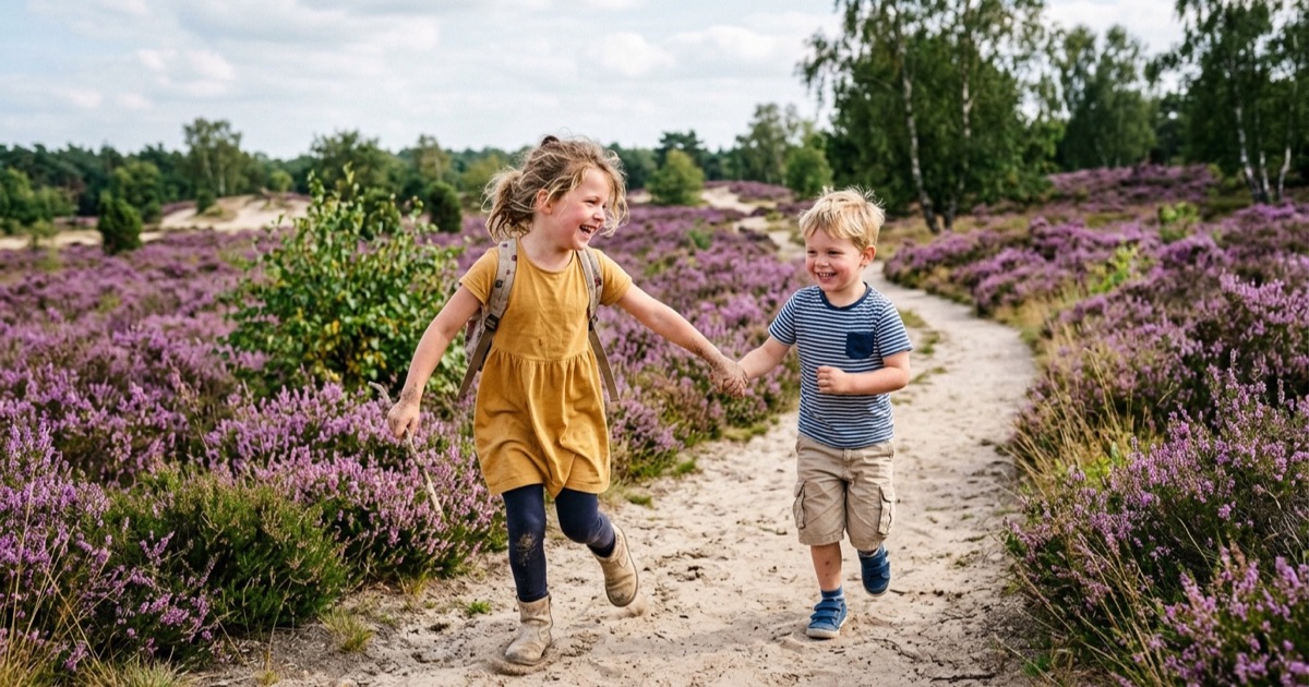 Twee Nederlandse kinderen rennen lachend over een zandpad door paarse heide in Brabant