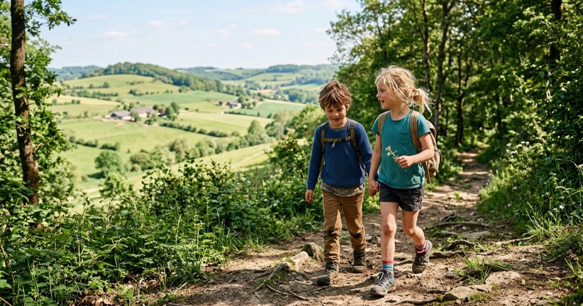 Twee Nederlandse kinderen wandelen lachend op een zonnig bospad in het Zuid-Limburgse heuvelland