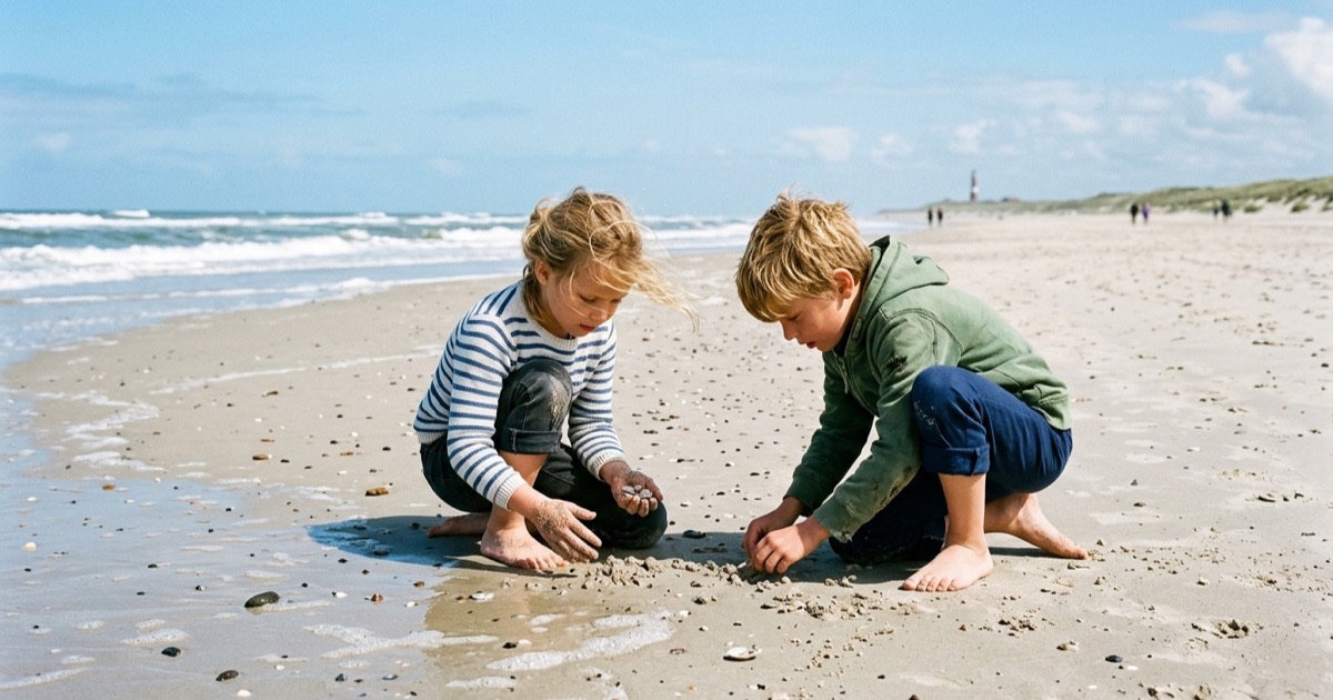 Twee Nederlandse kinderen zoeken schelpen op een breed wit strand op Schiermonnikoog