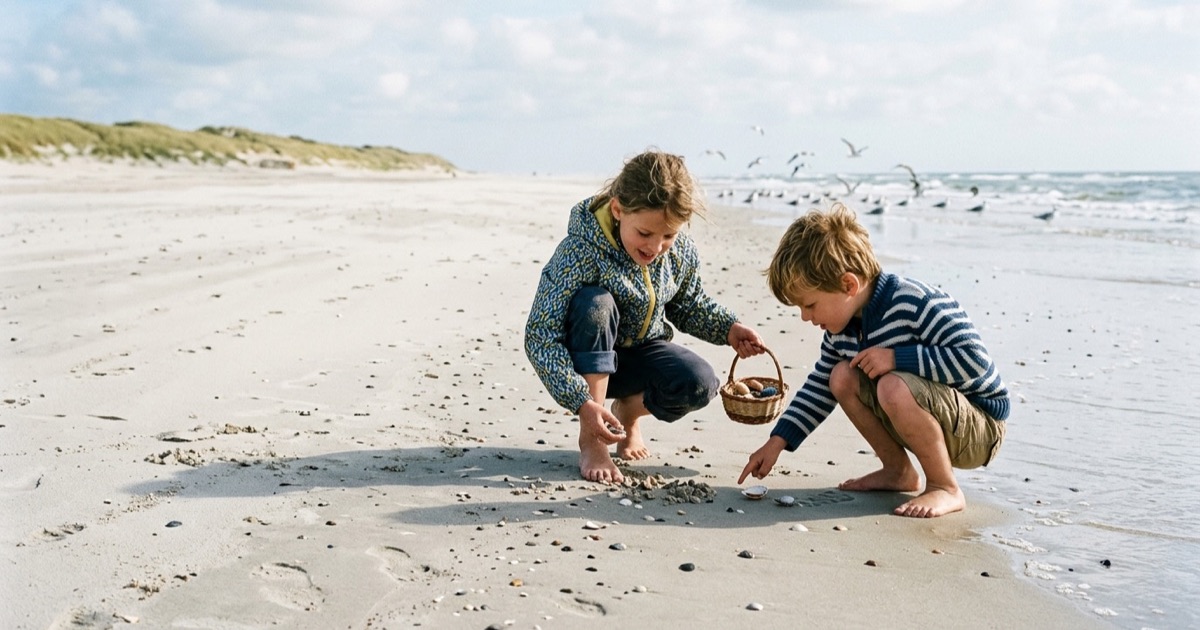 Twee Nederlandse kinderen zoeken schelpen op een breed Vlielands strand op een zonnige dag