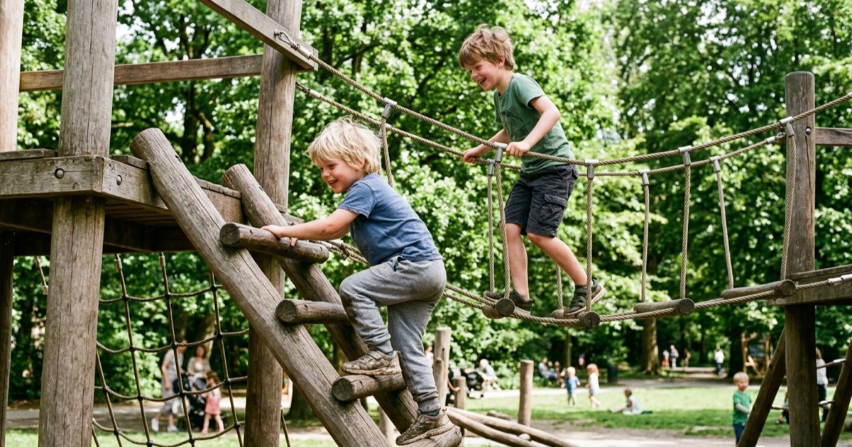 Een Nederlands gezin loopt op een houten plankenbrug door reiland-veen met een molen in de verte