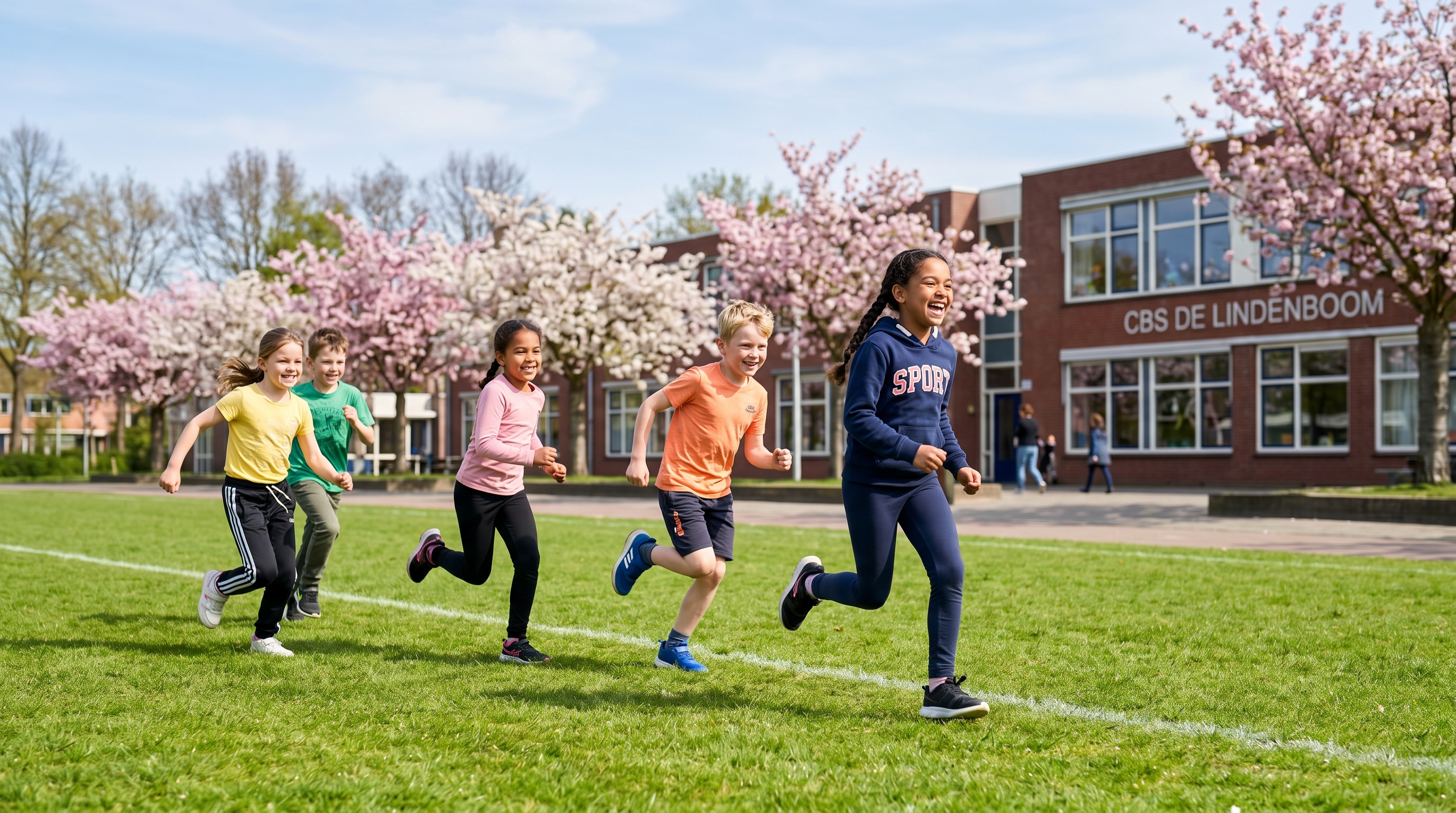 Vrolijke kinderen in sportkleding rennen over een groen lente-schoolveld onder een blauwe lucht met bloesem-bomen op de achtergrond.