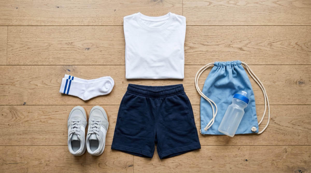 Flat-lay van gymkleding voor basisschool op houten vloer: shirt, korte broek, sokken, sneakers en gymzak.