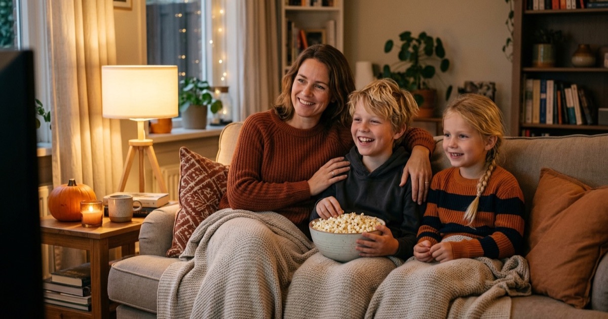 Ouder en twee kinderen kijken samen een halloween-film vanaf de bank met een schaal popcorn en een knuffeldeken.