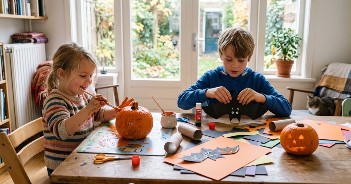 Twee kinderen knutselen aan een houten huiskamertafel met pompoenen, oranje papier en een paper-mache spookje.