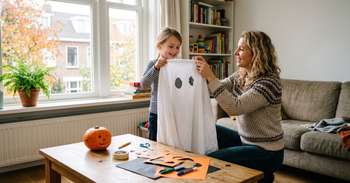 Moeder en dochter maken samen een halloween-spookjeskostuum van een wit laken aan de huiskamertafel.