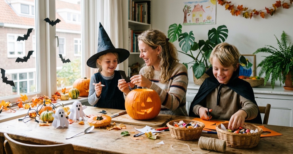Gezin maakt samen halloween-versiering aan een tafel met pompoenen, papieren spookjes en herfstdecoratie.